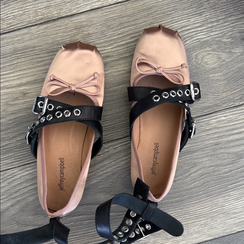 Jeffrey Campbell Choreo ballet flats in pink satin with black buckled straps. - Picture 7 of 16